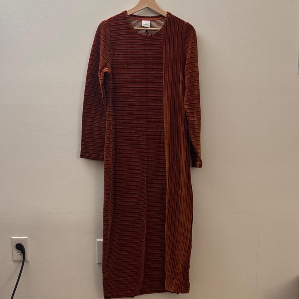 Orange, brown, olive green velvet striped Long Sleeve Dress